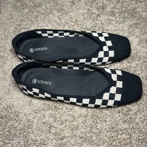 Vivaia Square Toe V-Cut Black and White Checkered Flats